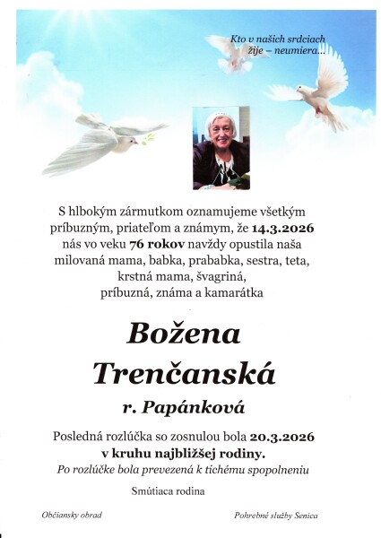 Fotografia oznámenia o úmrtí Boženy Trenčanskej, rodenej Papánkovej zo Senice, vrátane dátumov a informácií o poslednej rozlúčke.