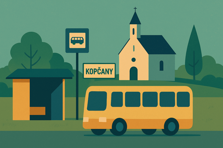 Ilustrácia autobusovej zastávky pri kaplnke v Kopčanoch s autobusom nahrádzajúcim vlak na trase Skalica – Kúty.