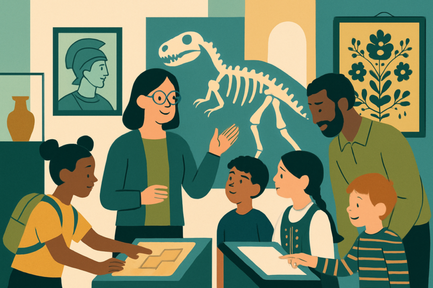 Ilustrácia detí a dospelých zapojených do interaktívneho vzdelávania v múzeu s prvkami histórie, kultúry a umenia v modernom štýle.