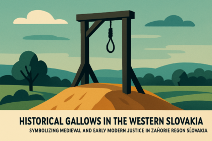 Ilustrácia historickej šibenice zo západného Slovenska v modernom redakčnom štýle s použitím zelenej, modrej a okrovej farby.