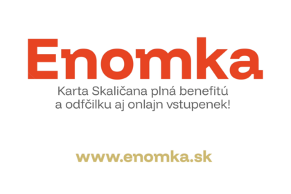 Ilustrácia karty Enomka s textom o benefitoch a online vstupenkách na mestské podujatia v Skalici.