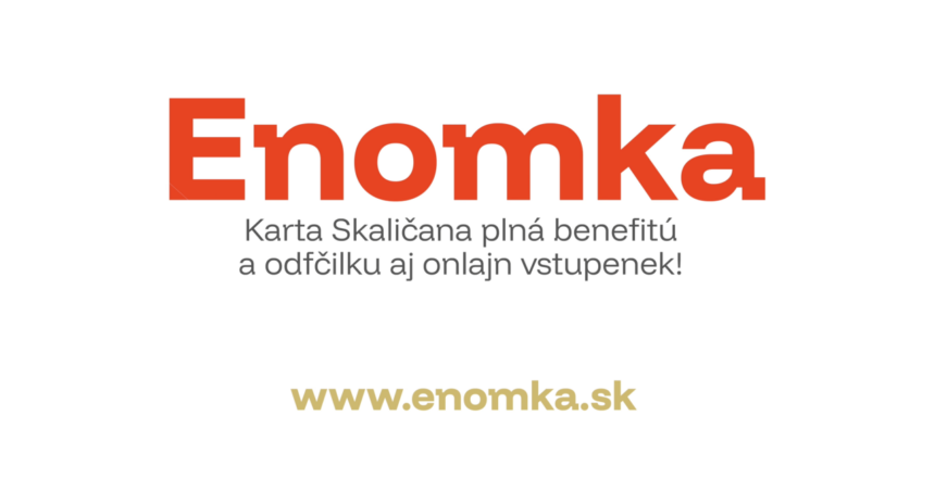 Ilustrácia karty Enomka s textom o benefitoch a online vstupenkách na mestské podujatia v Skalici.