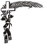 Ilustrácia kríža s palmou a stuhou, symbol smútku a úcty, vhodná pre nekrológ.