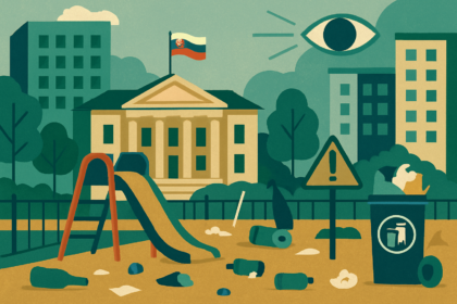 Ilustrácia mestského bloku so detským ihriskom a budovou okresného úradu, znázorňujúca neporiadok a bezpečnostné opatrenia v Senici.