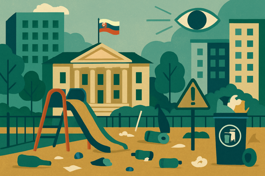 Ilustrácia mestského bloku so detským ihriskom a budovou okresného úradu, znázorňujúca neporiadok a bezpečnostné opatrenia v Senici.