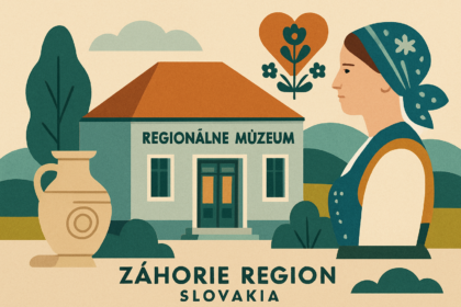 Ilustrácia múzea v Skalici s historickými artefaktmi a symbolmi ľudového umenia regiónu Záhorie