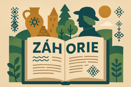 Ilustrácia otvorenej knihy s textom a dekoratívnymi prvkami symbolizujúcimi kultúru a históriu regiónu Záhorie