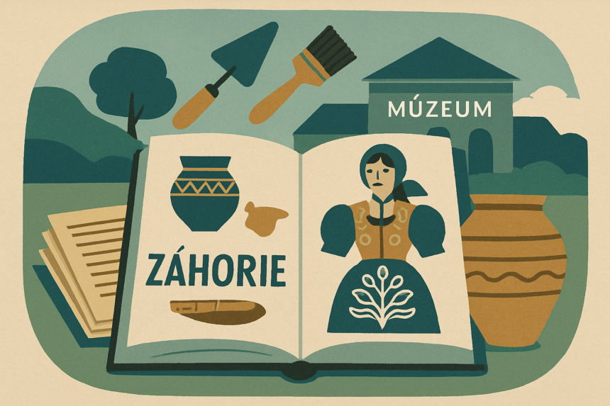 Ilustrácia otvorenej knihy so symbolmi histórie a kultúry regiónu Záhorie, archeologickými nástrojmi a tradičnými ľudovými motívmi, v pozadí silueta múzea.