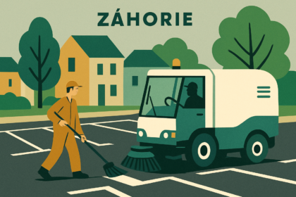 Ilustrácia pouličného čistenia a obnovy vodorovného značenia parkovísk v meste Senica, so zametačom a novými parkovacími čiarami