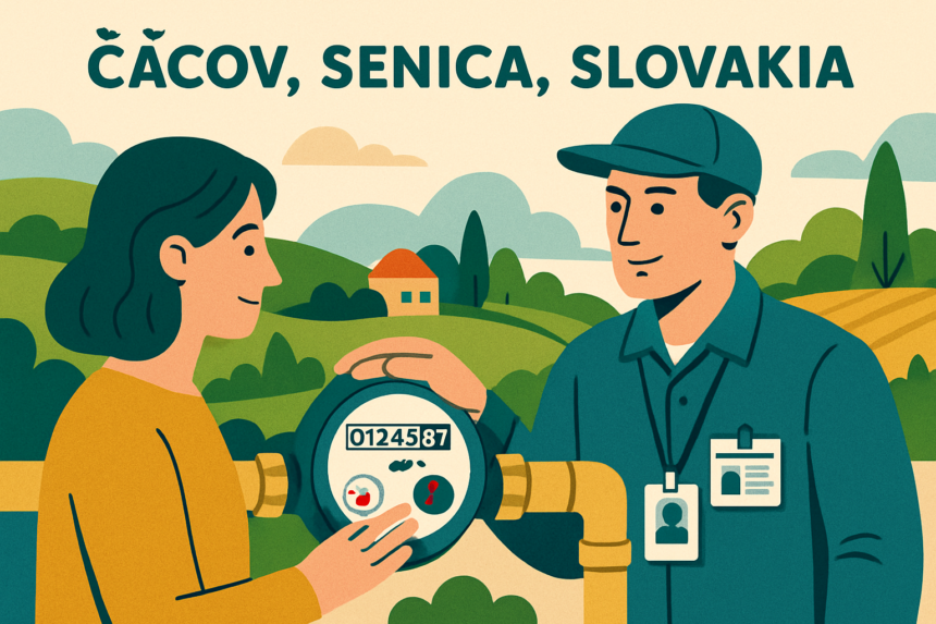 Ilustrácia pracovníka čítajúceho stav vodomeru v dome v Čáčove, Senica, s dôrazom na spoluprácu obyvateľov s vodárenskou spoločnosťou.