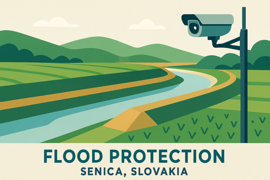 Ilustrácia protipovodňových opatrení v monitorovanej lokalite mesta Senica so zatrávnenými plochami, riekou a ochrannými hrádzami.