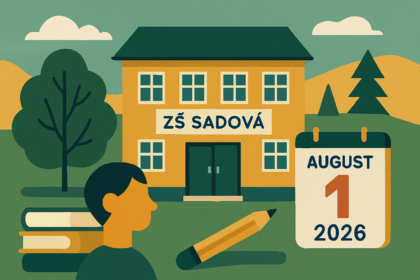 Ilustrácia školy ZŠ Sadová so symbolmi vzdelávania a kalendárom na 1. august 2026