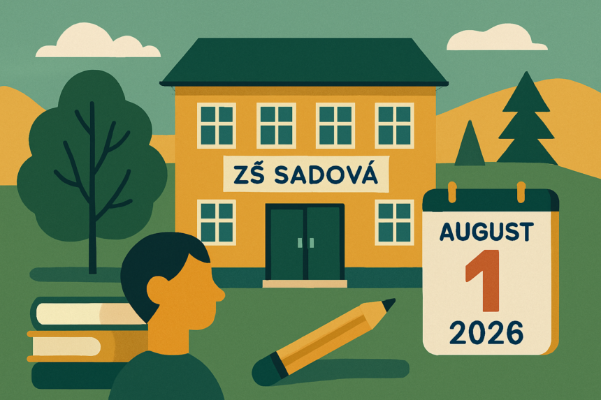 Ilustrácia školy ZŠ Sadová so symbolmi vzdelávania a kalendárom na 1. august 2026