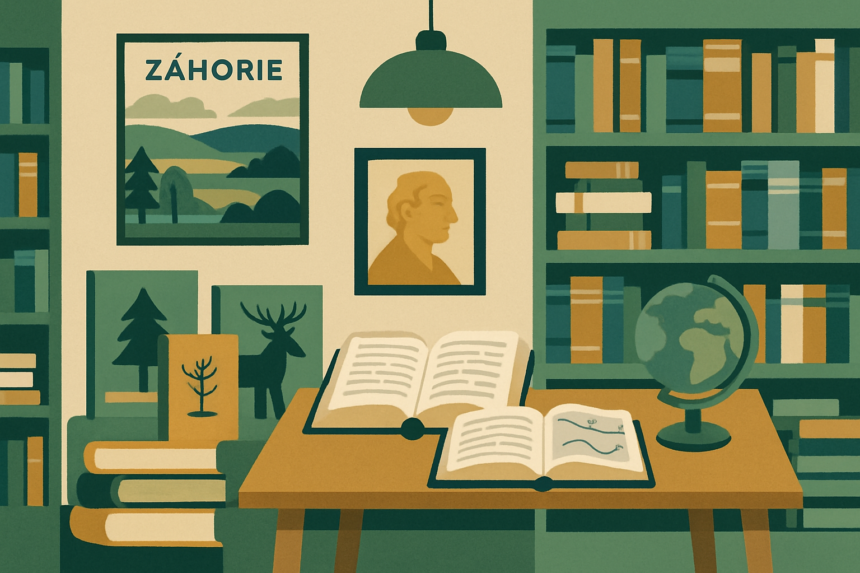 Ilustrácia špecializovanej knižnice Záhorského múzea v Skalici s policami plnými kníh a čitacím stolom.