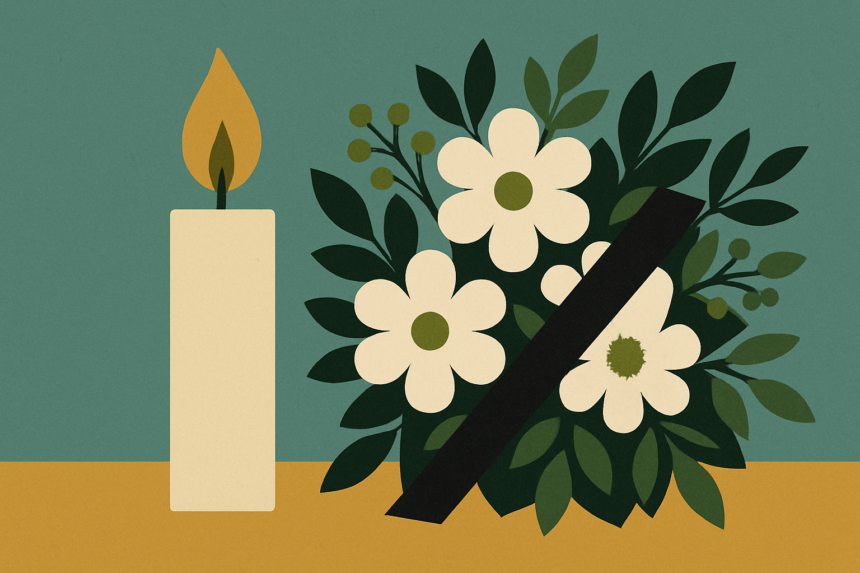 Ilustrácia sviečky a kvetov ako pietny symbol k úmrtiu Jozefa Beňovského z Čáčova