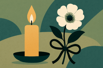 Ilustrácia sviečky a kvetu ako pietny symbol na pamiatku zosnulej Ludmily Slobodovej z Holíča.