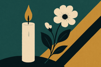 Ilustrácia sviečky a kvetu ako pietny symbol pre nekrológ pána Mariána Tokoša zo Senice