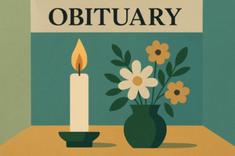 Ilustrácia sviečky a kvetu ako pietny symbol smútočného oznámenia