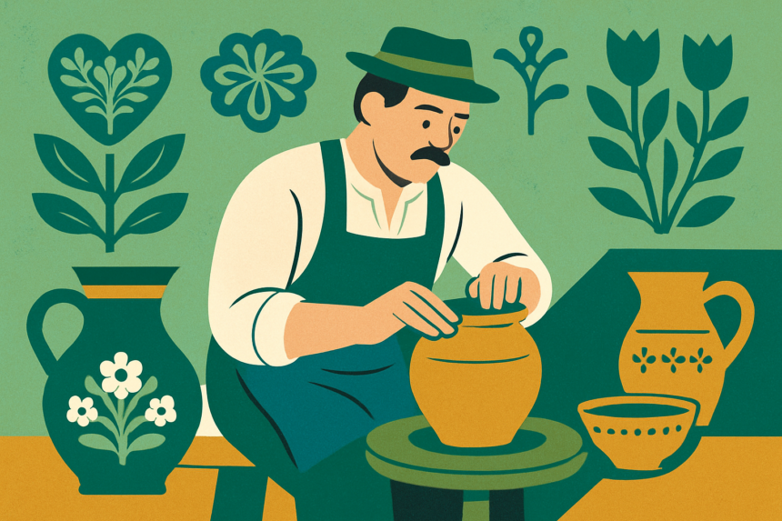 Ilustrácia tradičného hrnčiarstva v regióne Záhorie, zobrazujúca hrnčiara pri práci s hlinou na hrnčiarskom kruhu a tradičné keramické výrobky.