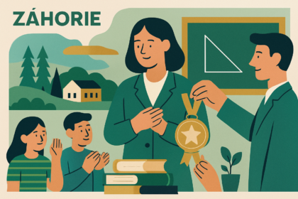 Ilustrácia učiteľa, ktorý prijíma ocenenie v školskom prostredí, s deťmi a vzdelávacími symbolmi ako knihy a tabuľa.