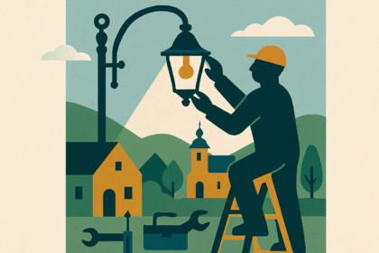 Ilustrácia údržby verejného osvetlenia so stožiarom, náradím a postavou technika, v modernom štýle s farebnou paletou zelenej, modrej a okrovej.