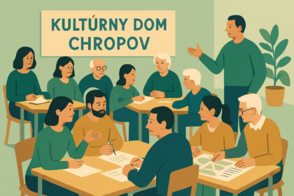 Ilustrácia valného zhromaždenia urbárskych spoločenstiev v Kultúrnom dome Chropov, ľudia diskutujúci a spolupracujúci pri stole.
