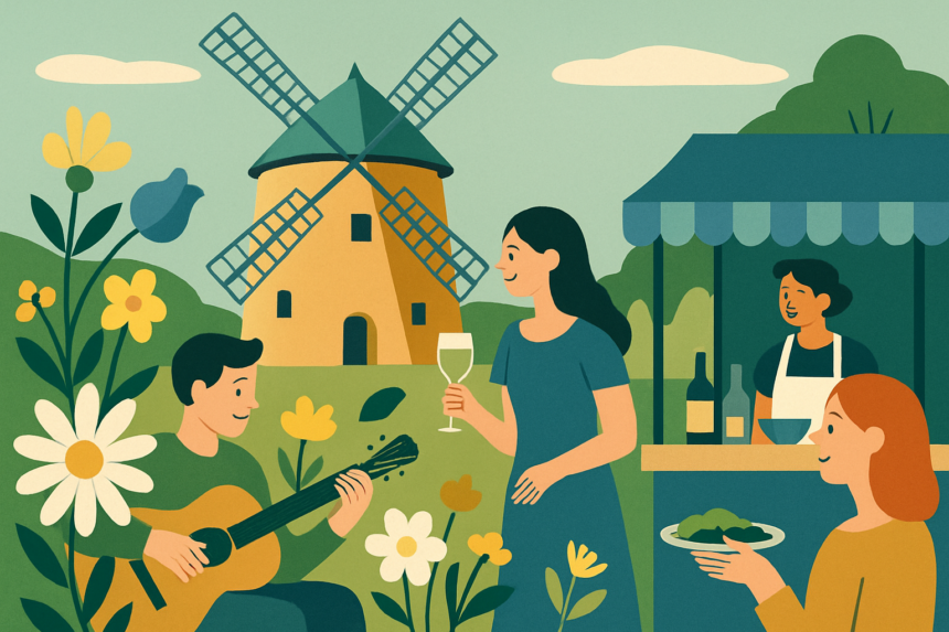 Ilustrácia Veterného mlyna v Holíči na jar s ľuďmi na majálesovej oslave, hudbou a občerstvením