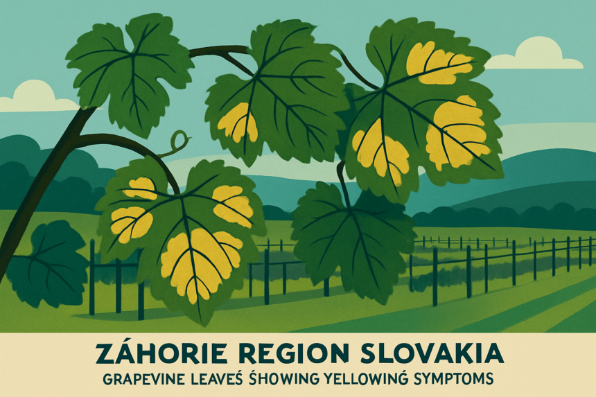 Ilustrácia viniča so žltnúcimi listami na pozadí vinice, symbolizujúca problém žltnutia viniča