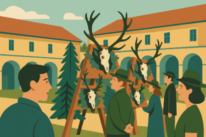 Ilustrácia výstavy poľovníckych trofejí v areáli Holíčskeho zámku s návštevníkmi a tradičnou atmosférou podujatia