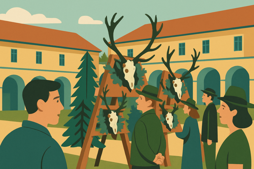 Ilustrácia výstavy poľovníckych trofejí v areáli Holíčskeho zámku s návštevníkmi a tradičnou atmosférou podujatia