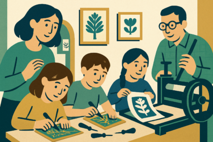 Ilustrácia workshopu linorytu s deťmi a dospelými vytvárajúcimi linorytové tlače v múzeu v Záhorí.