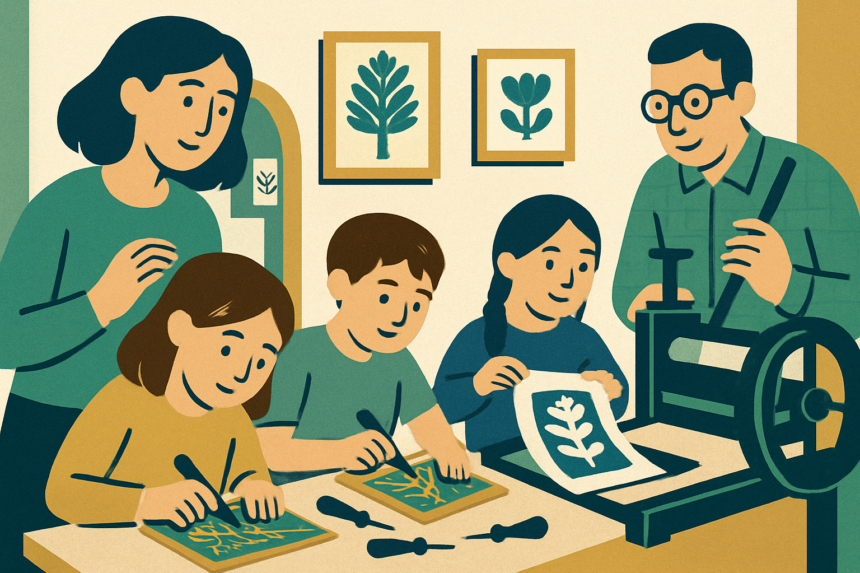 Ilustrácia workshopu linorytu s deťmi a dospelými vytvárajúcimi linorytové tlače v múzeu v Záhorí.