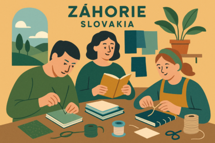 Ilustrácia workshopu šitia zápisníkov v Záhorskom múzeu Skalica s ľuďmi pri práci s materiálmi na tvorbu zápisníkov