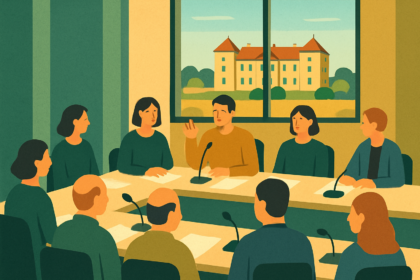 Ilustrácia zasadnutia mestského zastupiteľstva v Kultúrno osvetovom centre v Holíči s výhľadom na Holíčsky zámok.