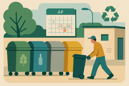 Ilustrácia zberného dvora s odpadovými kontajnermi a kalendárom označujúcim veľkonočné sviatky