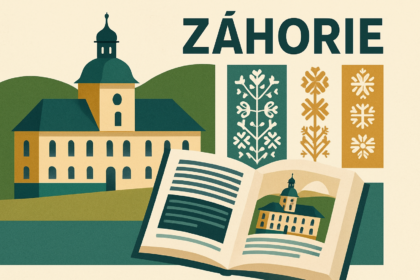 Ilustrácia zobrazujúca koláž kultúrnych symbolov Záhoria, vrátane historickej budovy, tradičných výšiviek a otvoreného časopisu so zameraním na históriu a kultúru regiónu.