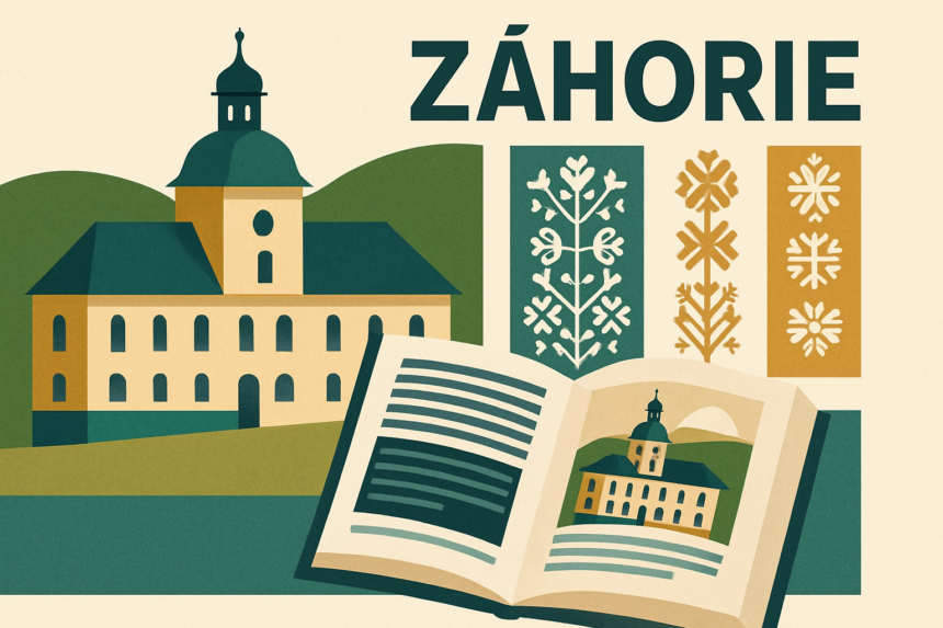 Ilustrácia zobrazujúca koláž kultúrnych symbolov Záhoria, vrátane historickej budovy, tradičných výšiviek a otvoreného časopisu so zameraním na históriu a kultúru regiónu.
