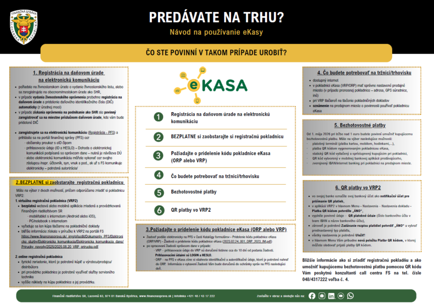Informačný plagát o nových pravidlách pre predajcov na jarmokoch v Holíči týkajúcich sa používania virtuálnej registračnej pokladnice eKasa.