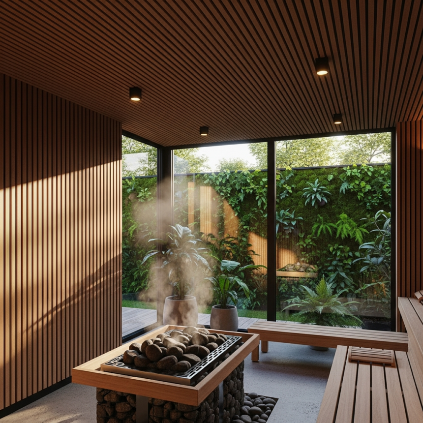 Interiér sauny v Holíči s drevenými stenami, veľkými oknami a stolom s kameňmi a parou, obklopený rastlinami a drevenými lavicami.