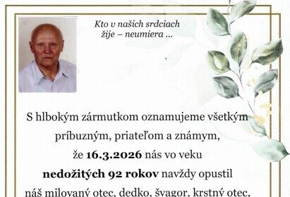 Oznámenie o úmrtí pána Emila Tomáša s informáciami o dátume úmrtia, veku, poslednej rozlúčke a mieste na cintoríne v Hlbokom.
