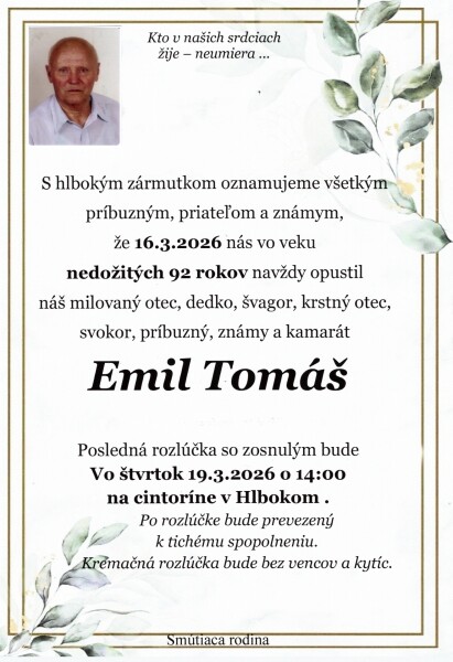 Oznámenie o úmrtí pána Emila Tomáša s informáciami o dátume úmrtia, veku, poslednej rozlúčke a mieste na cintoríne v Hlbokom.