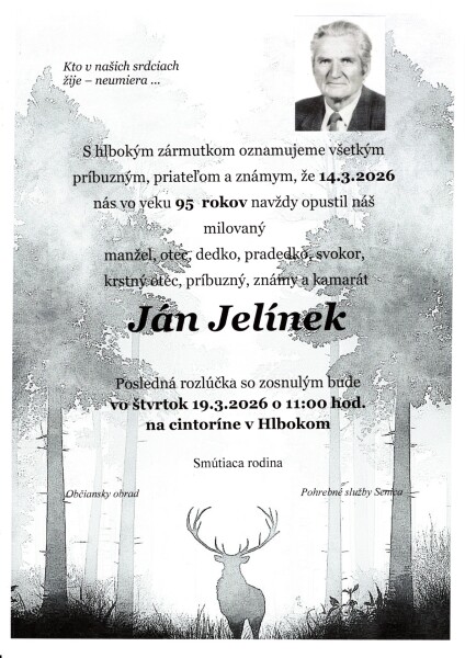 Parte s oznámením o úmrtí Jána Jelínka zo Senice, ktorý zomrel vo veku 95 rokov, s informáciami o poslednej rozlúčke na cintoríne v Hlbokom.