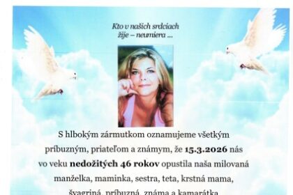 Pietny obraz s menom Adriana Hesková, dátumom úmrtia a informáciami o poslednej rozlúčke v Dome smútku v Senici.