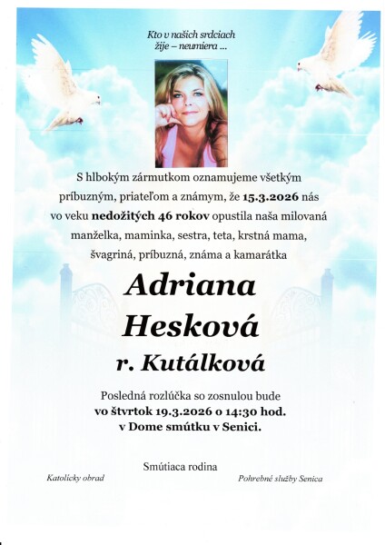 Pietny obraz s menom Adriana Hesková, dátumom úmrtia a informáciami o poslednej rozlúčke v Dome smútku v Senici.