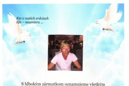 Pietny obraz s menom zosnulého Petra Vranu, dátumom úmrtia, vekom a informáciami o poslednej rozlúčke v Dome smútkov v Senici.