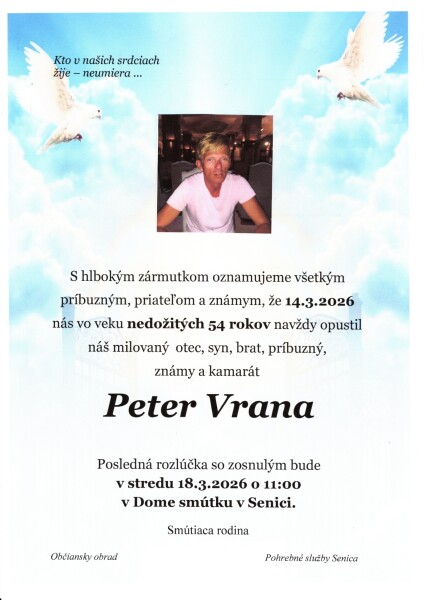 Pietny obraz s menom zosnulého Petra Vranu, dátumom úmrtia, vekom a informáciami o poslednej rozlúčke v Dome smútkov v Senici.