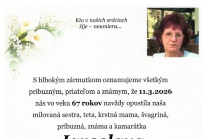 Pietny obraz s menom zosnulej Jaroslavy Pátkovej, dátumom úmrtia, vekom a informáciou o poslednej rozlúčke v Dome smútkov v Senici.