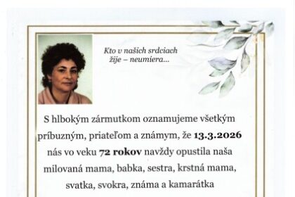 Pietny oznam o úmrtí Margity Palicovej zo Senice, s dátumom úmrtia, veku a informáciami o poslednej rozlúčke.