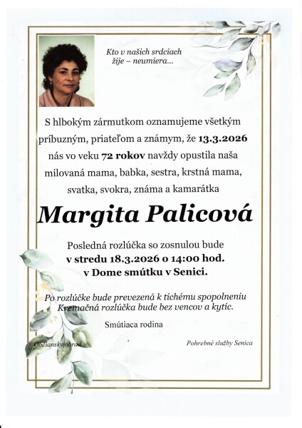 Pietny oznam o úmrtí Margity Palicovej zo Senice, s dátumom úmrtia, veku a informáciami o poslednej rozlúčke.