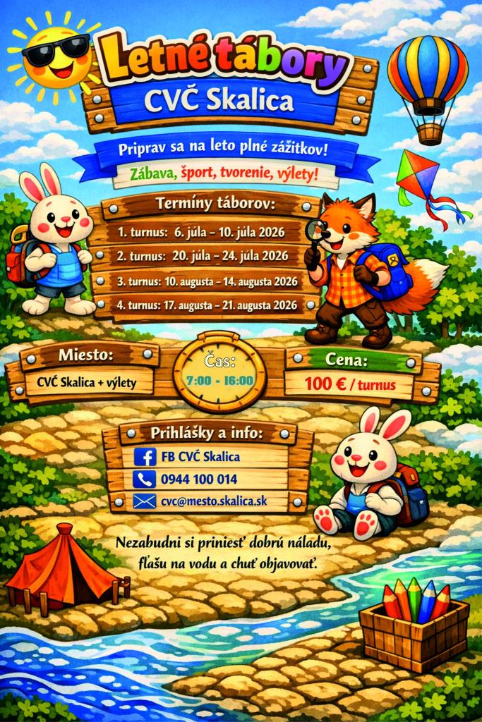 Plagát letných táborov CVČ Skalica s termínmi, cenou a kontaktnými údajmi na prihlásenie.